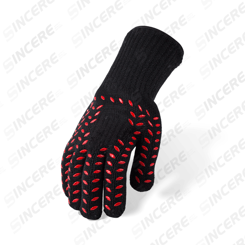 Luvas de aramida preta calibre 7 com forro 100% algodão e revestimento de silicone dupla face — Nível 2 resistente ao calor com proteção contra cortes Luvas de aramida preta calibre 7 com forro 100% algodão e revestimento de silicone dupla face — Nível 2 resistente ao calor com proteção contra cortes