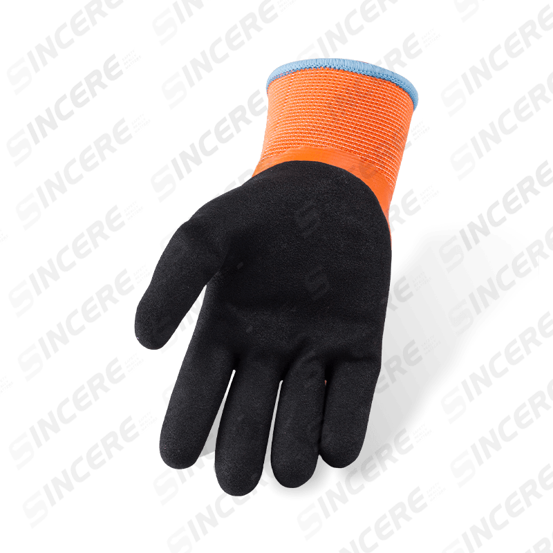 Luvas de látex laranja totalmente revestidas de poliéster calibre 13 com reforço de polegar preto arenoso e forro de lã térmica Luvas de látex laranja totalmente revestidas de poliéster calibre 13 com reforço de polegar preto arenoso e forro de lã térmica