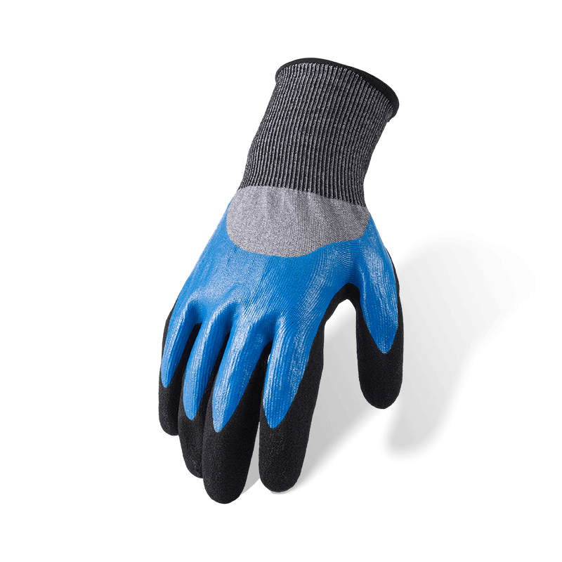 Luvas resistentes a cortes ANSI A6 calibre 18 — Blue Nitrile Smooth 3/4 Dip com revestimento de palmeira preta arenosa