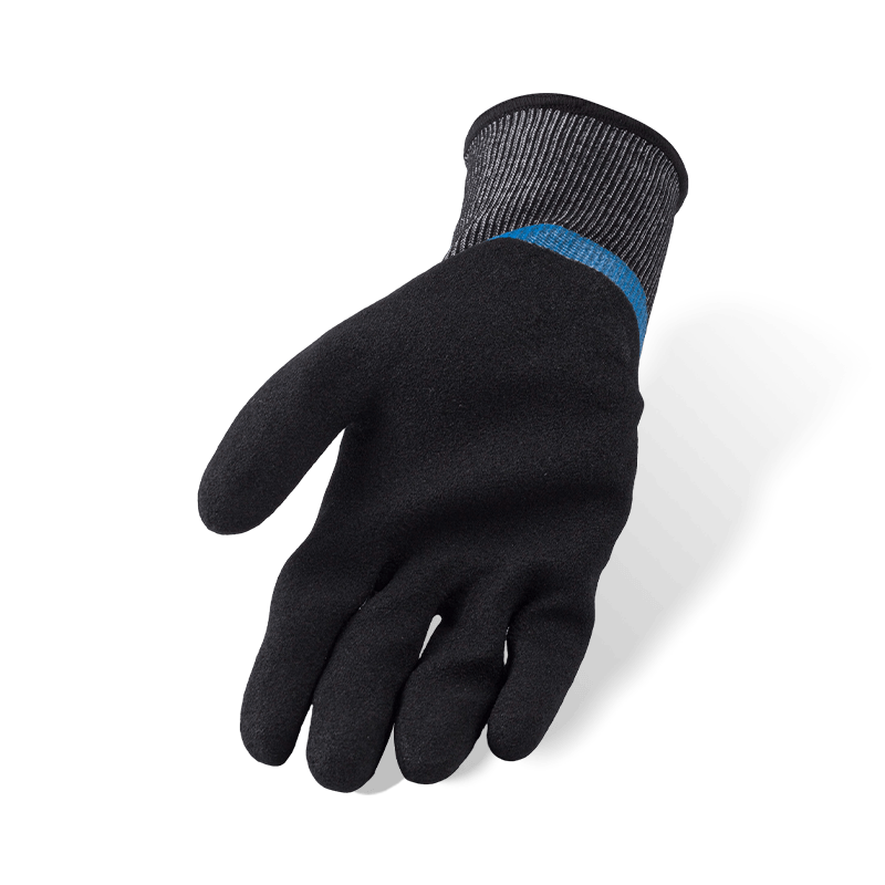 Luvas resistentes a cortes ANSI A6 calibre 18 — Blue Nitrile Smooth 3/4 Dip com revestimento de palmeira preta arenosa Luvas resistentes a cortes ANSI A6 calibre 18 — Blue Nitrile Smooth 3/4 Dip com revestimento de palmeira preta arenosa
