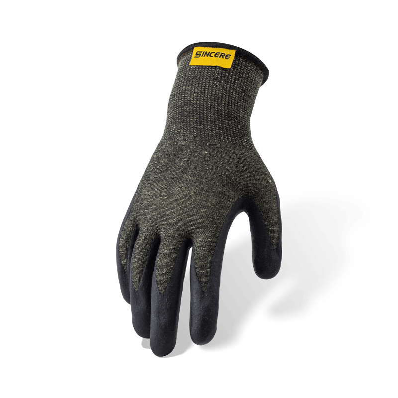 Luvas resistentes a cortes ANSI A4 de aramida calibre 13 com palma de neoprene preto — resistentes ao calor e ao arco elétrico Luvas resistentes a cortes ANSI A4 de aramida calibre 13 com palma de neoprene preto — resistentes ao calor e ao arco elétrico