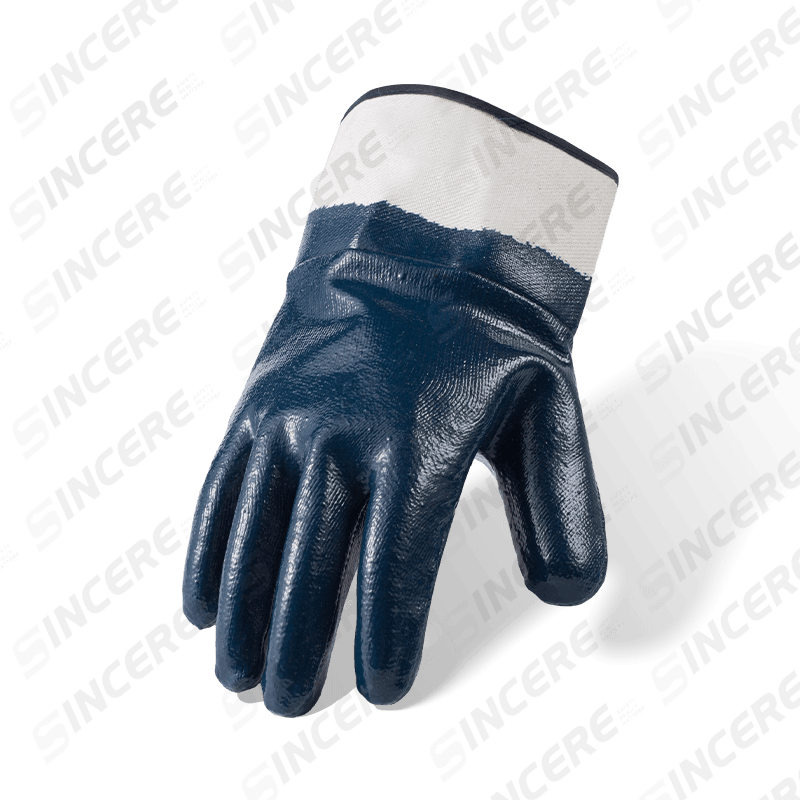 Luvas de trabalho totalmente revestidas com nitrila azul forradas com lã de algodão calibre 7 — lisas, à prova d'água, resistentes a óleo e produtos químicos Luvas de trabalho totalmente revestidas com nitrila azul forradas com lã de algodão calibre 7 — lisas, à prova d'água, resistentes a óleo e produtos químicos