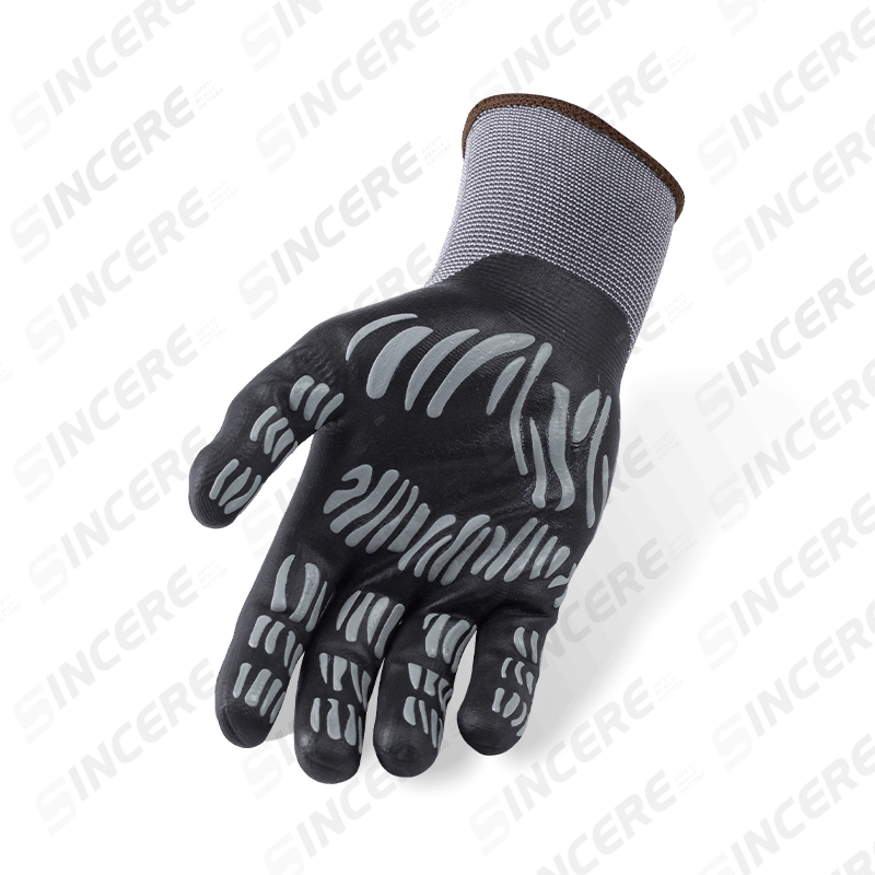 Luvas de nylon elastano calibre 15 com espuma de nitrila preta de palma e empunhadura irregular de nitrila cinza Luvas de nylon elastano calibre 15 com espuma de nitrila preta de palma e empunhadura irregular de nitrila cinza