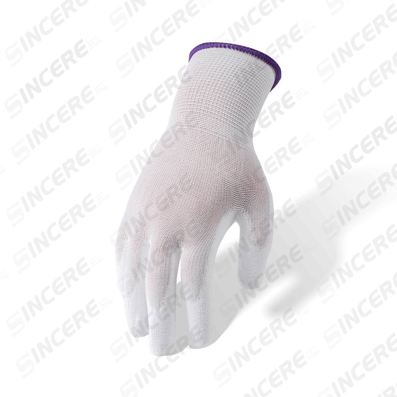 Luvas de nylon branco calibre 13 com revestimento de palma de PU branco — Luvas de trabalho de precisão para sala limpa