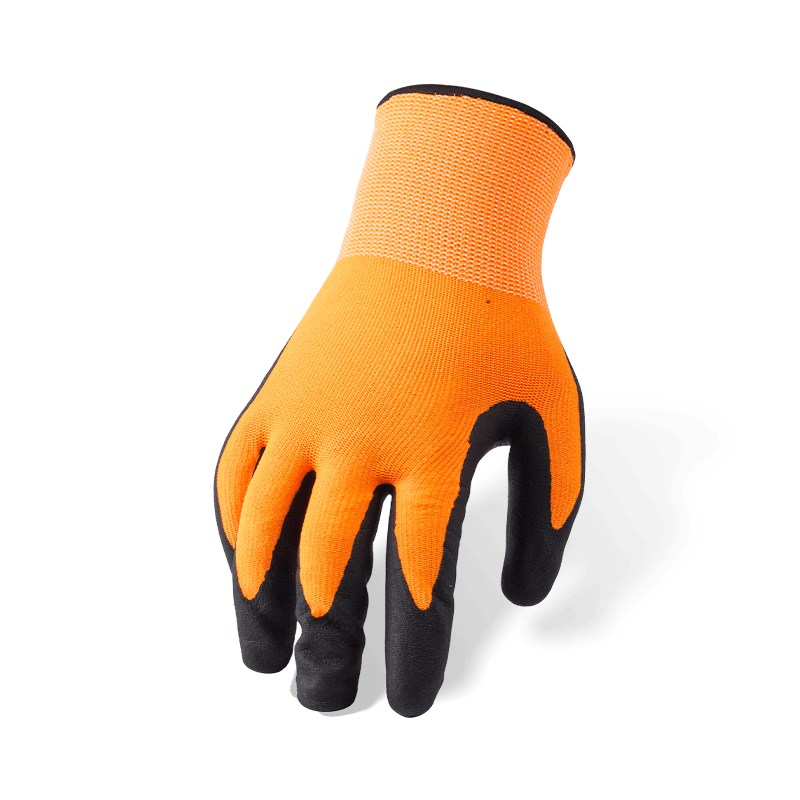 Luvas de nylon e elastano laranja calibre 15 com microespuma de nitrila preta para palma — Luvas de trabalho de precisão de alta visibilidade