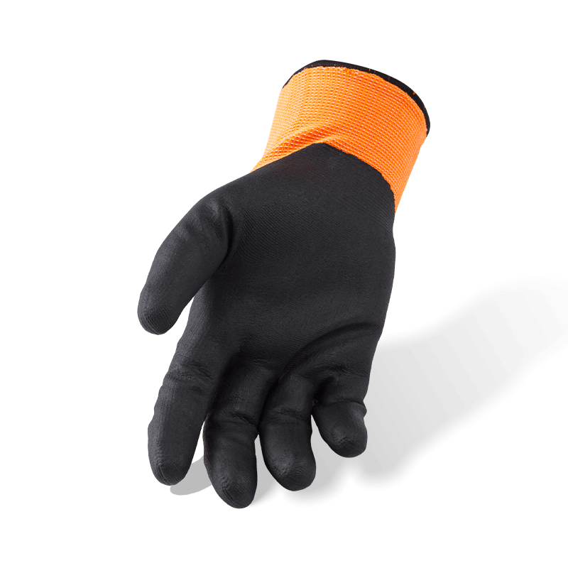 Luvas de nylon e elastano laranja calibre 15 com microespuma de nitrila preta para palma — Luvas de trabalho de precisão de alta visibilidade