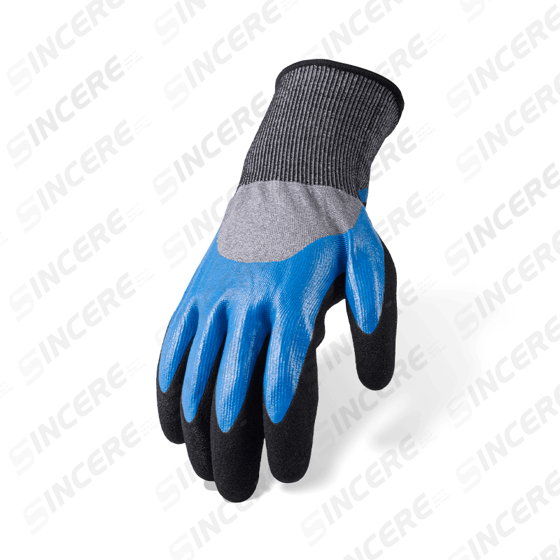 Luvas resistentes a cortes ANSI A5 calibre 18 — Blue Nitrile Smooth 3/4 Dip com revestimento de palmeira preta arenosa