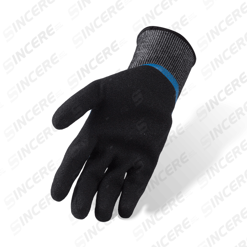 Luvas resistentes a cortes ANSI A5 calibre 18 — Blue Nitrile Smooth 3/4 Dip com revestimento de palmeira preta arenosa Luvas resistentes a cortes ANSI A5 calibre 18 — Blue Nitrile Smooth 3/4 Dip com revestimento de palmeira preta arenosa