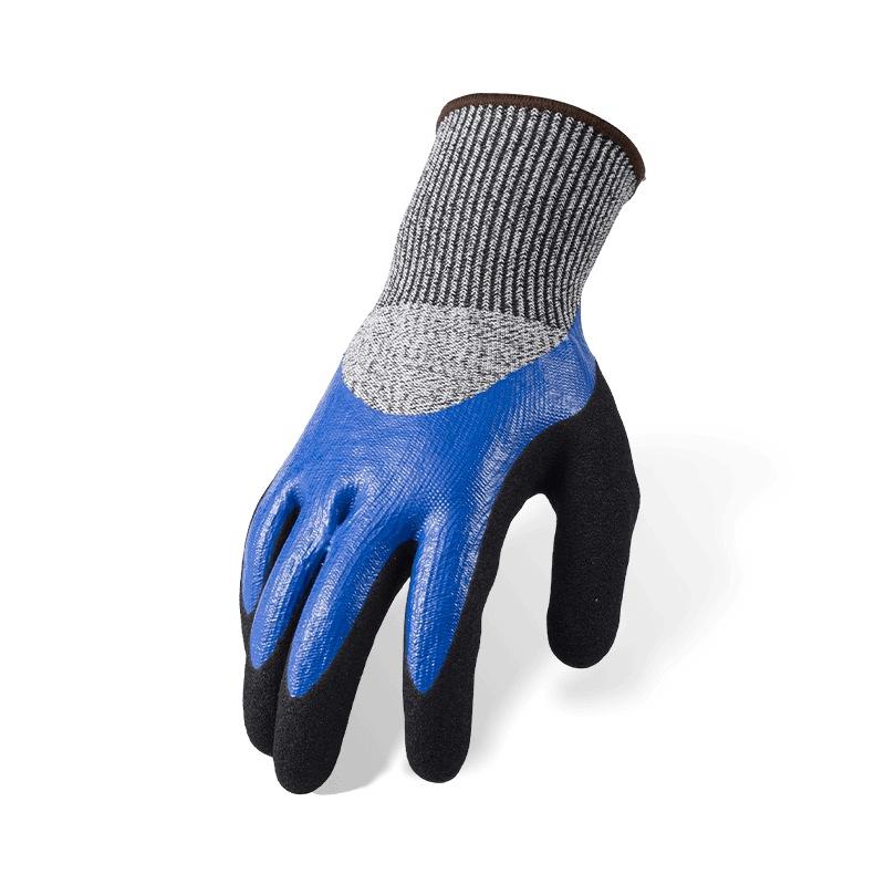 Luvas resistentes a cortes ANSI A4 calibre 13 — Blue Nitrile Smooth 3/4 Dip com palma preta arenosa e reforço completo no polegar Luvas resistentes a cortes ANSI A4 calibre 13 — Blue Nitrile Smooth 3/4 Dip com palma preta arenosa e reforço completo no polegar