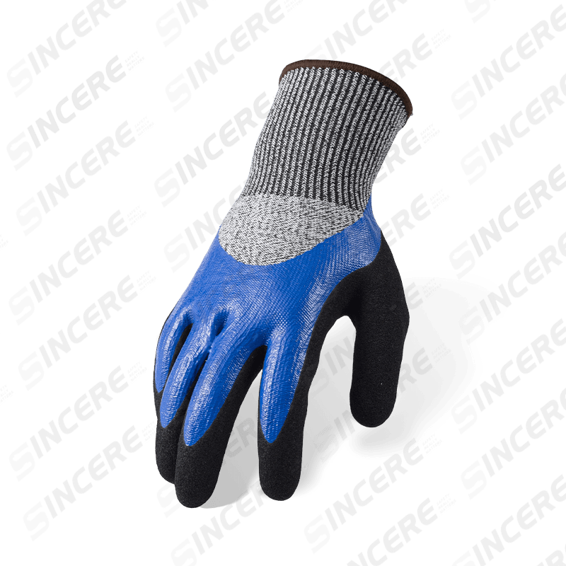 Luvas resistentes a cortes ANSI A4 calibre 13 — Blue Nitrile Smooth 3/4 Dip com palma preta arenosa e reforço completo no polegar