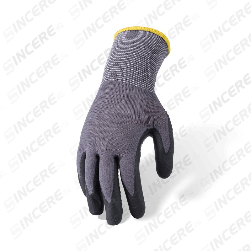 Luvas de nylon elastano calibre 15 com espuma de palma de microespuma de nitrila preta e empunhadura antiderrapante com bolinhas de nitrila