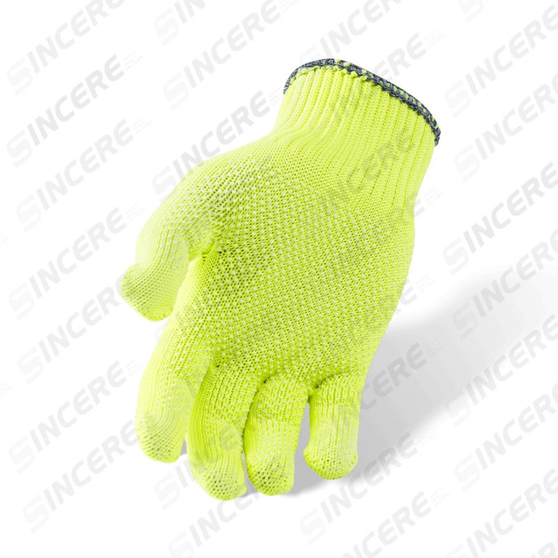 Luvas de poliéster amarelo fluorescente de alta visibilidade calibre 10 com palma pontilhada de PVC — Luvas de empunhadura de uso geral de alta visibilidade