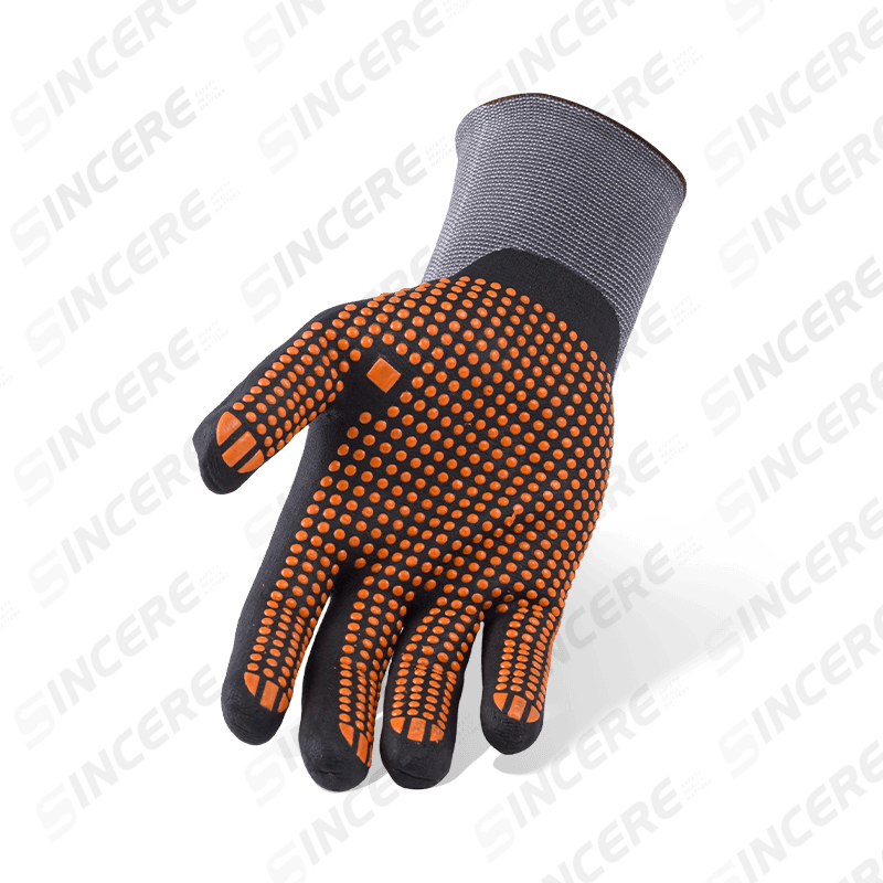 Luvas de nylon elastano calibre 15 com espuma de microespuma de nitrila preta e empunhadura antiderrapante com bolinhas de PVC laranja