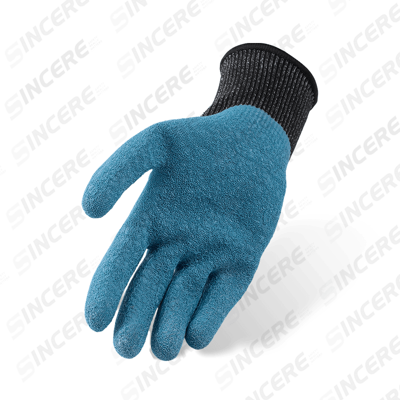 Luvas ANSI A6 resistentes a cortes calibre 13 com revestimento de látex azul amassado na palma — Proteção contra cortes pesados nível 3 de abrasão Luvas ANSI A6 resistentes a cortes calibre 13 com revestimento de látex azul amassado na palma — Proteção contra cortes pesados nível 3 de abrasão