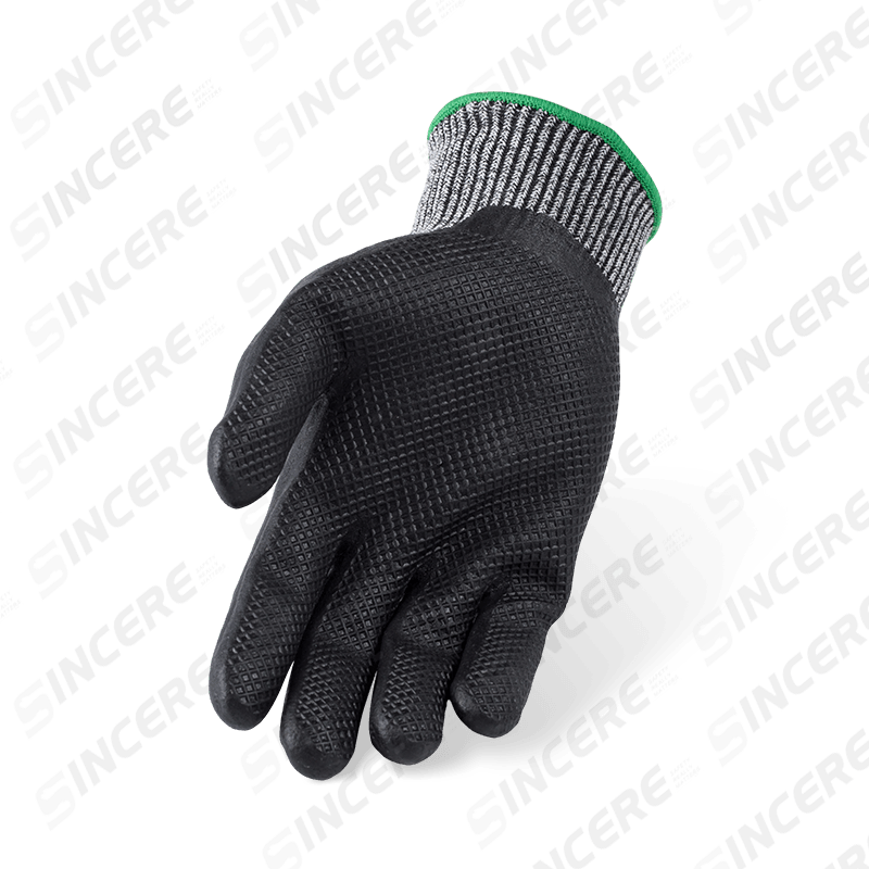 Luvas resistentes a cortes ANSI A4 calibre 13 com textura de palma de microespuma de nitrila preta e grade de waffle — aderência aprimorada Luvas resistentes a cortes ANSI A4 calibre 13 com textura de palma de microespuma de nitrila preta e grade de waffle — aderência aprimorada